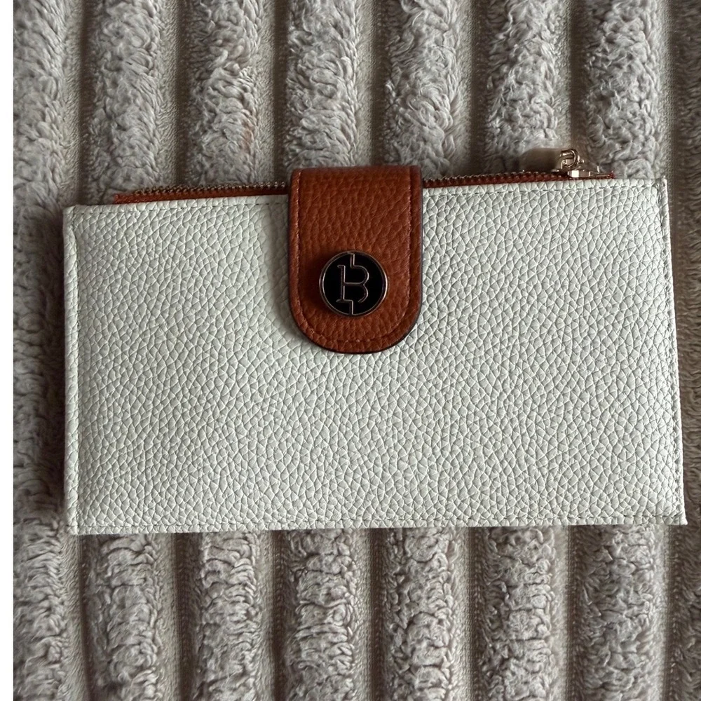Bostanten Slim Bifold Wallet Cream Cognac Pebbled‎ Vegan Leather Zip Card Case